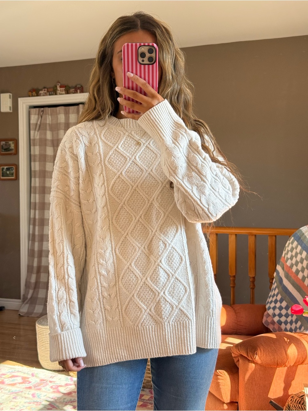 Ardene Cream Cable Knit Crewneck Sweater